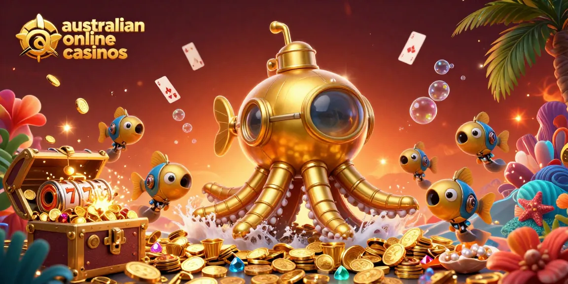 Experience the thrill with top Australian online casinos featuring vibrant slot reels and a golden kraken.