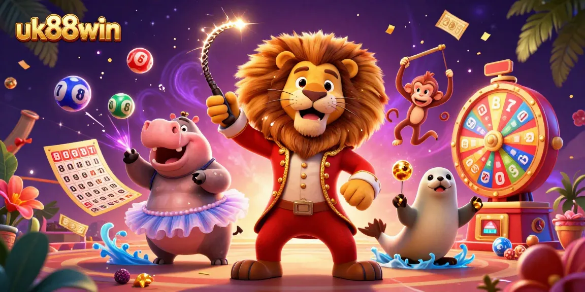 Experience the excitement of gambling with uk88win featuring a lively circus-themed 3D scene.