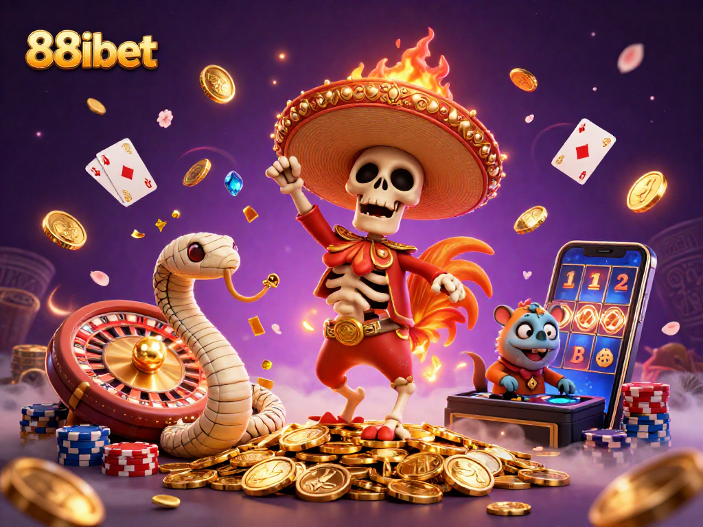 Experience 88ibet's vibrant casino action with a lively 3D illustration showcasing celebrated characters and poker elements.