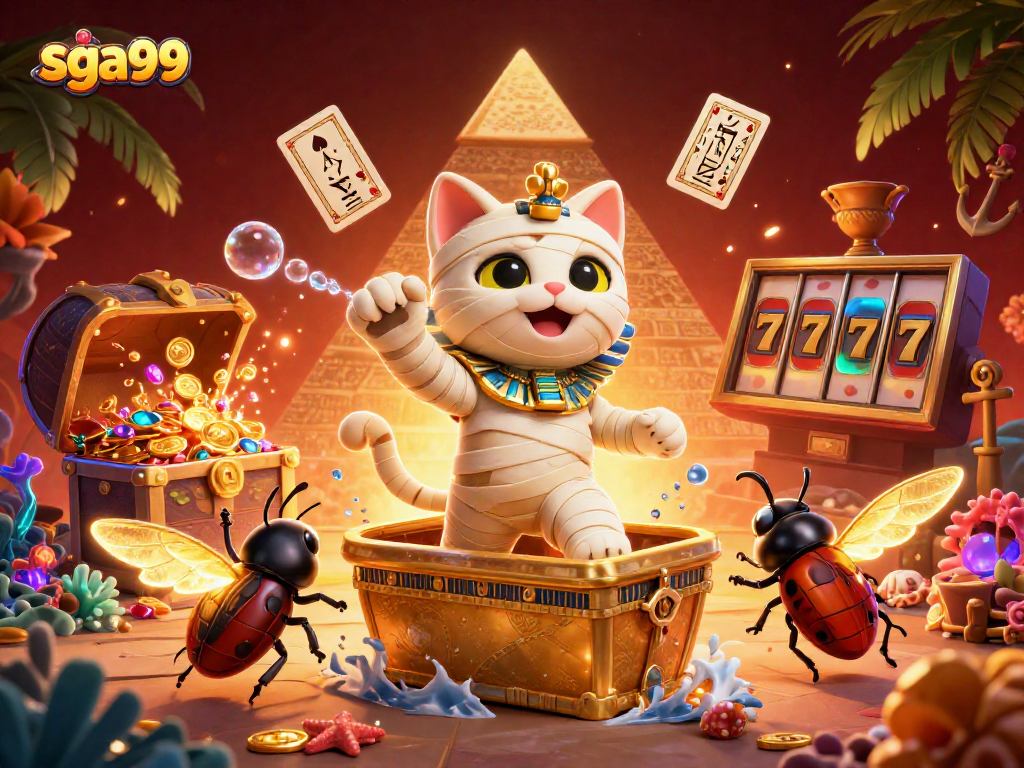 Experience thrilling gaming with SGA99, featuring a mummy cat in an exciting casino scene.