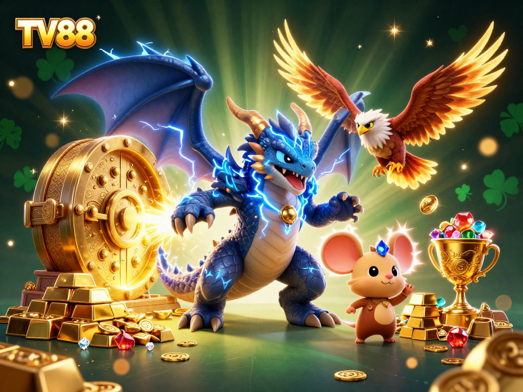 Experience thrilling wins at TV88 with a vibrant scene featuring a thunder dragon and treasures.
