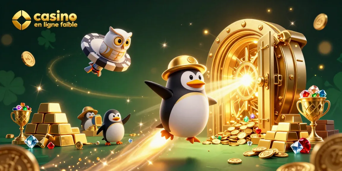 Découvrez une scène dynamique de "casino en ligne fiable" avec un pingouin doré propulsé par une fusée, entouré de richesses.