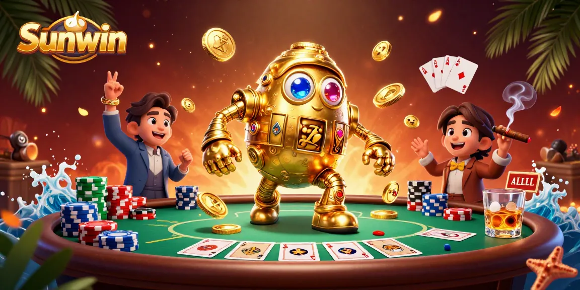 Engage in thrilling games at Sunwin with a golden golem surrounded by poker elements.
