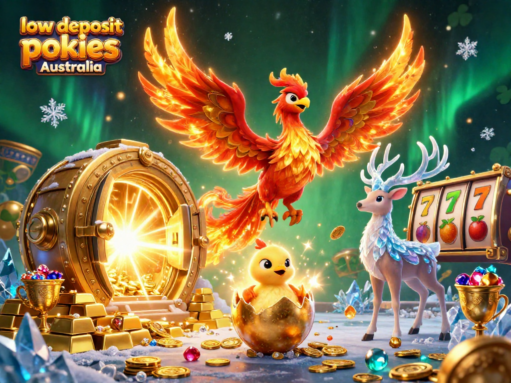 Win big with low deposit pokies Australia in this vibrant casino-themed illustration.