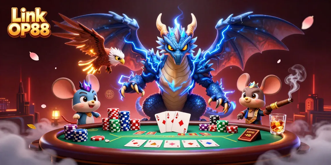 Engage in thrilling gaming experiences with Link OP88, featuring dynamic 3D casino characters and vibrant poker elements.