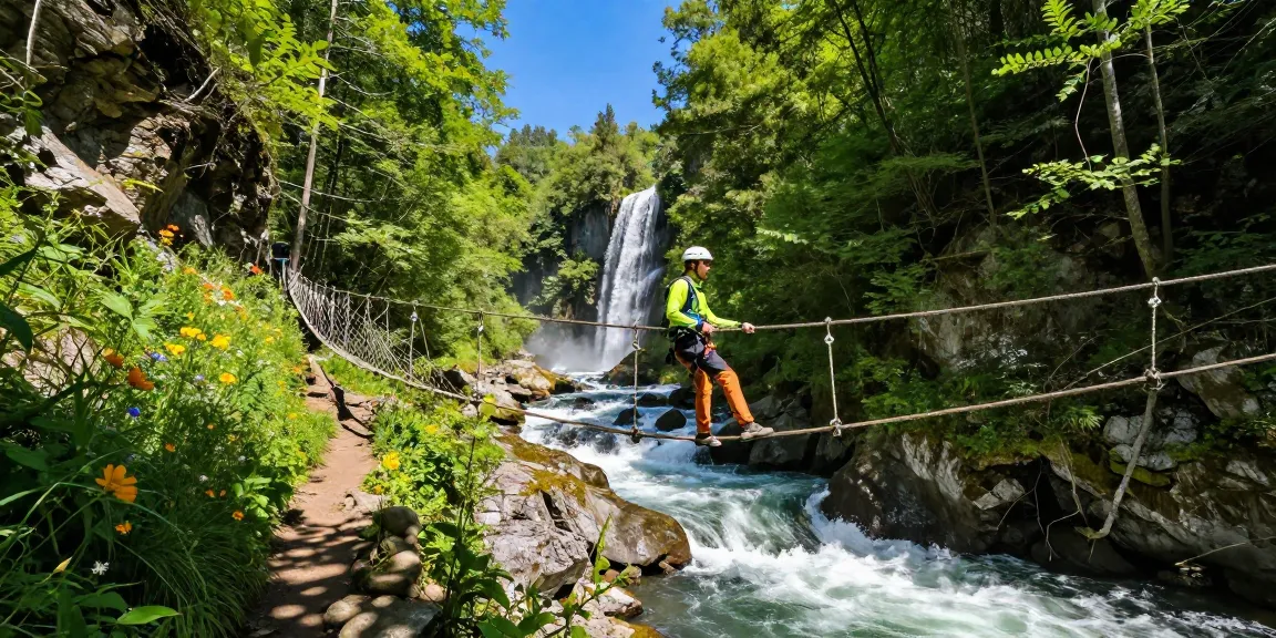 Crossing a River Rope Bridge during an adventurous hike in lush forest with scenic waterfall.