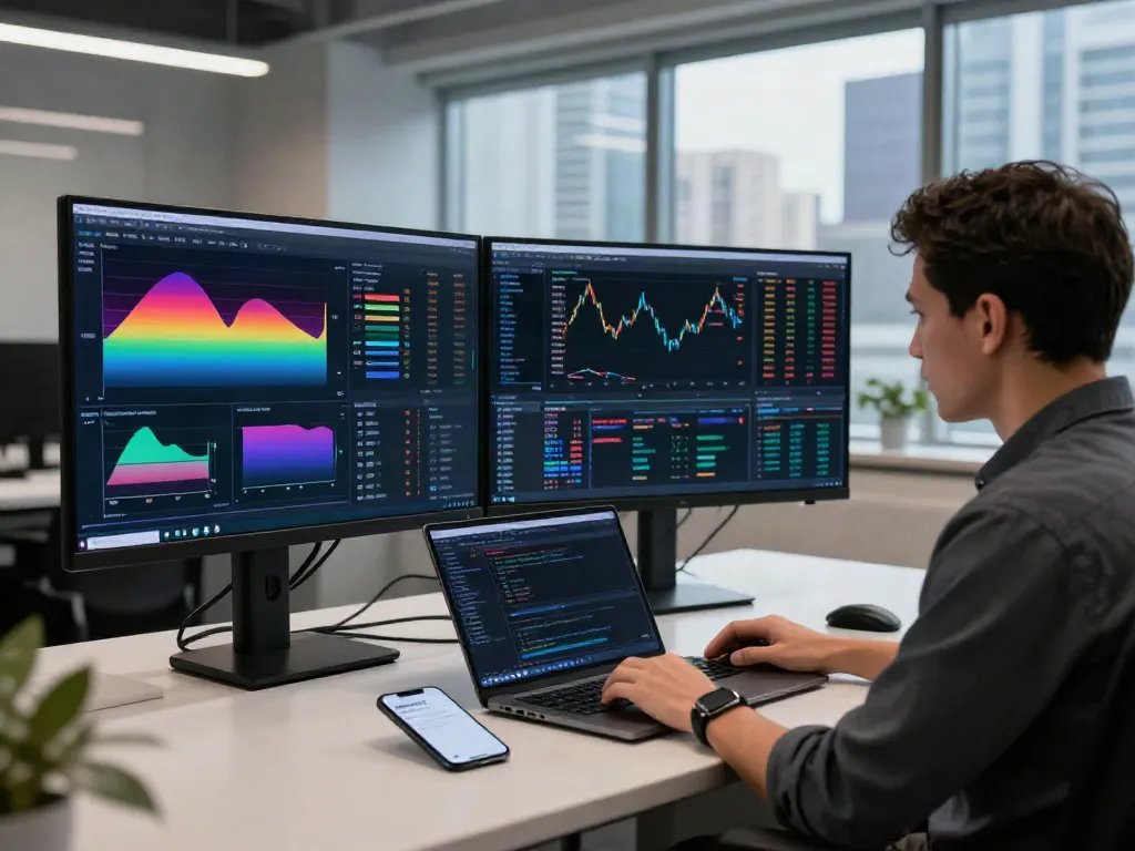 Trader utilizing MetaTrader 5 on dual monitors in a modern office, analyzing financial data.