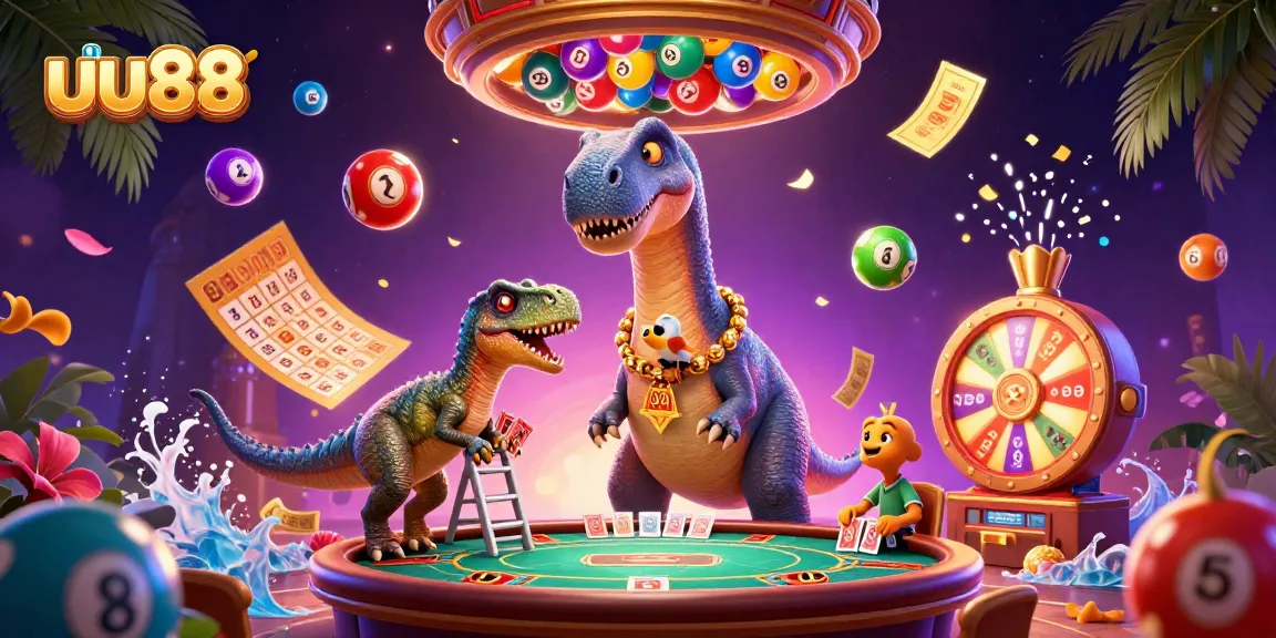 uu88 captivates players with a vibrant casino scene featuring a giant brontosaurus, cards, and dynamic game elements.