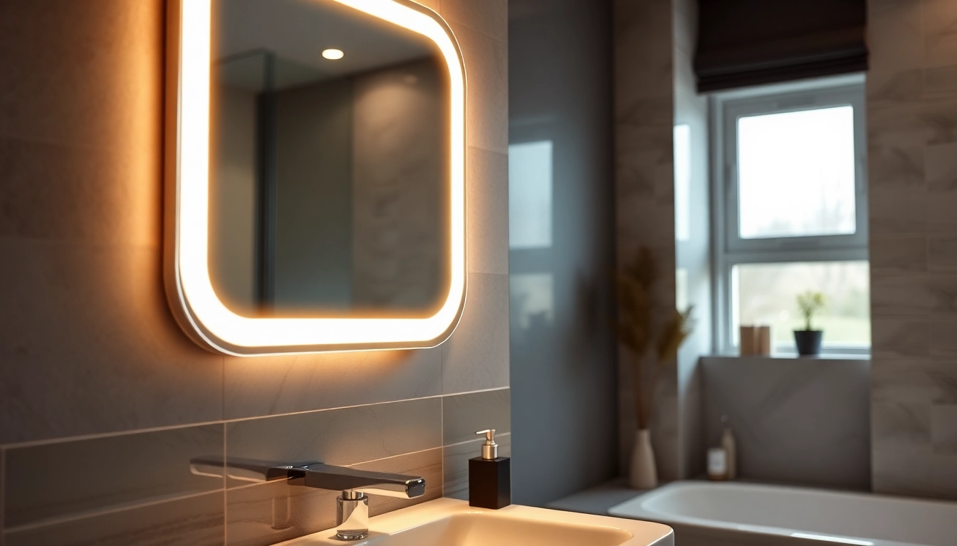 Showcasing stylish bathroom mirrors with lights reflecting a modern aesthetic.