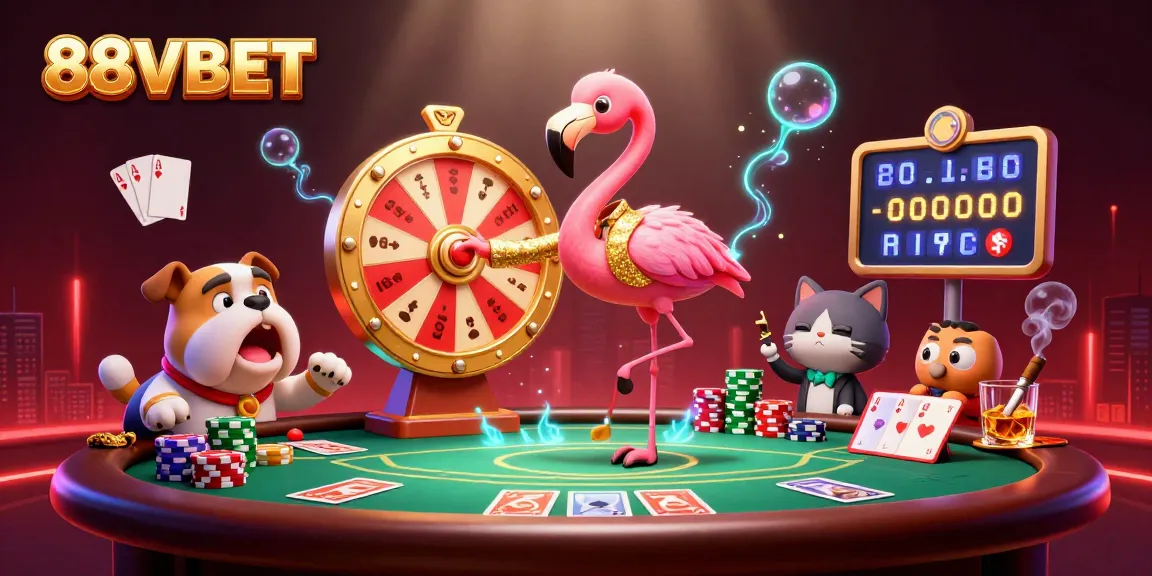 Experience the excitement of 88VBET as a flamingo spins the prize wheel with a bulldog contestant and cat assistant.