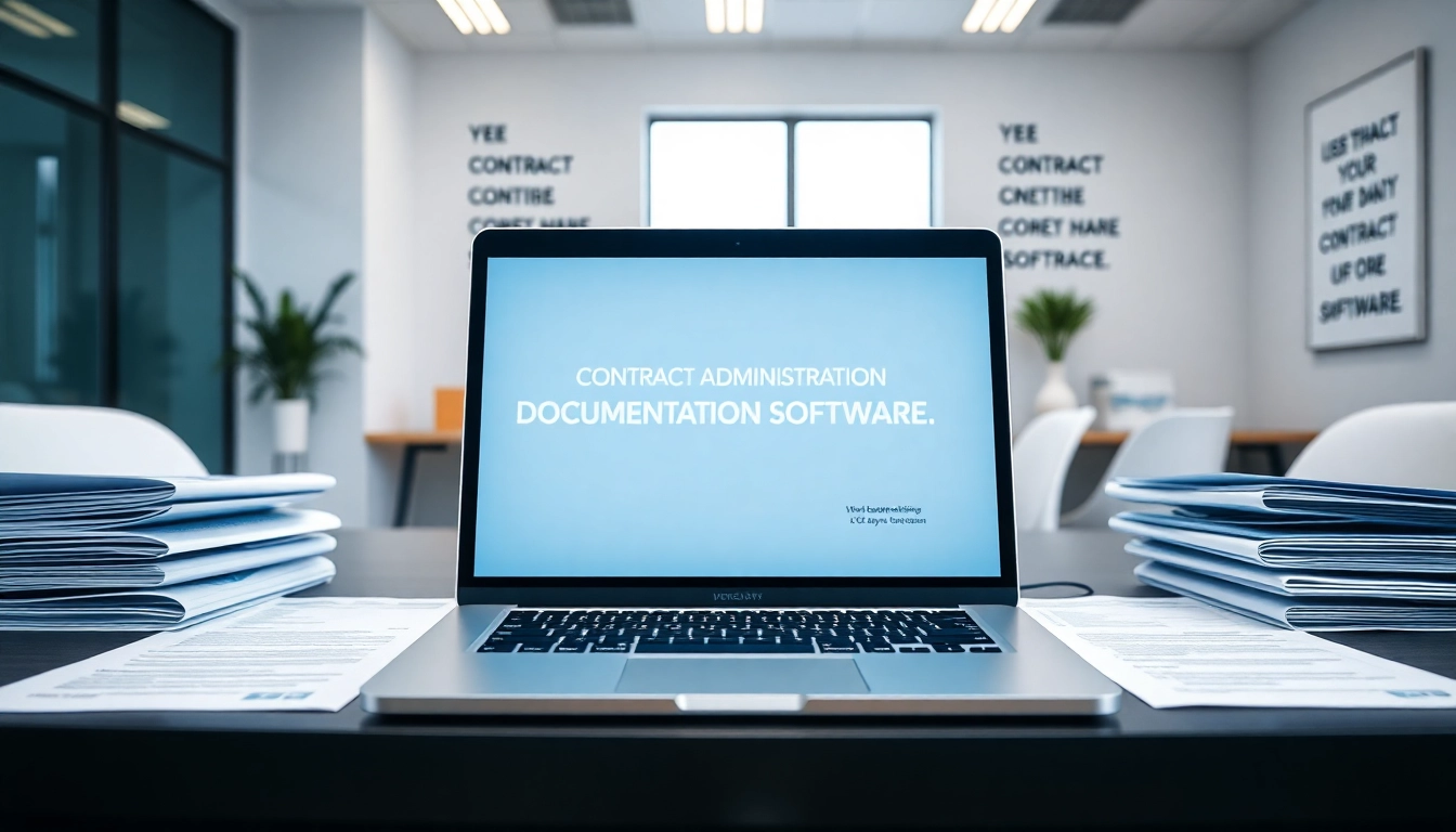 Engaging workspace with contract administration documentation software on a laptop screen.