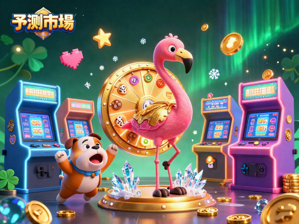 Engage in 予測市場 gambling excitement with a 3D illustration of a game show host, bulldog contestant, and prize scoreboard.