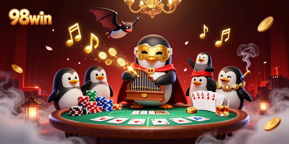 Experience the thrill of 98win as the casino penguin brings gold excitement to the poker scene.