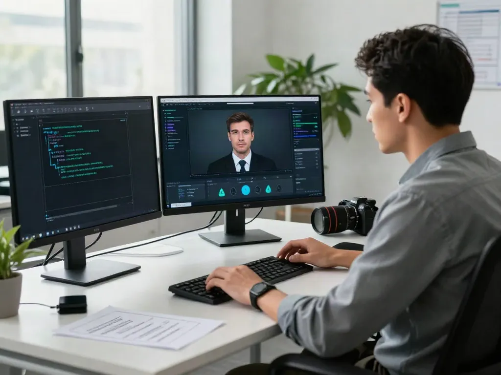 Deepfake protected Online Video Calls security expert analyzing risks with advanced software in a tech office.