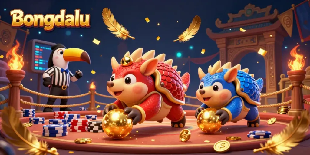 Bongdalu pangolins compete in a vibrant casino scene, rolling poker chips and golden balls.