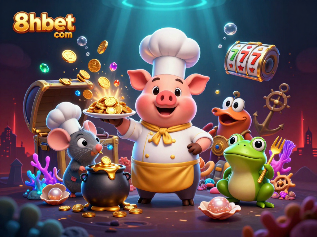 Experience 8xbet com's vibrant casino world with a pig chef serving gold coins in this dynamic illustration.