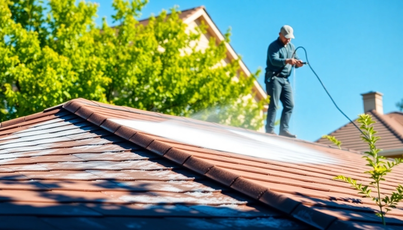 Roof Cleaning service showcasing a technician cleaning a home's roof, with lush greenery in the background.