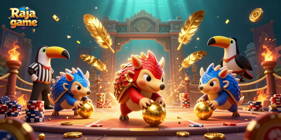 Engage with exciting games in Raja game featuring dynamic pangolin characters competing in a vibrant casino setting.
