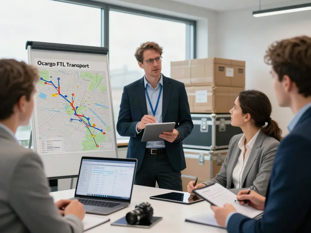 Ocargo FTL Transport in Dortmund, Logistikmanager bespricht Transportstrategien in einem modernen Büro.
