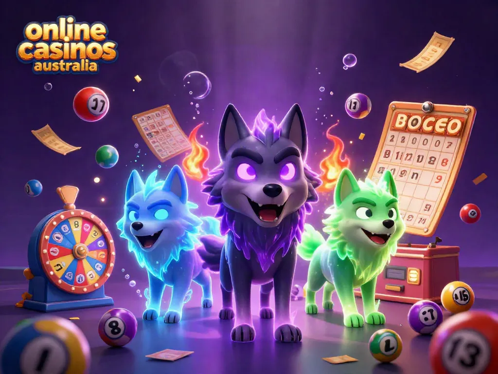 Experience online casinos Australia with a magical wolf-themed 3D casino illustration.