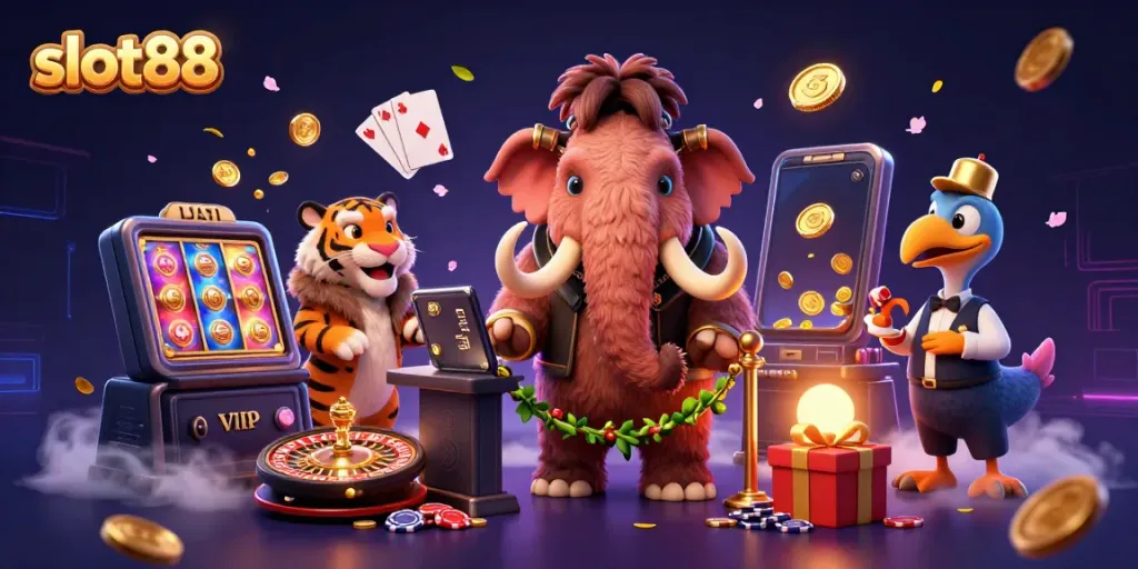 Experience slot88 excitement with vibrant 3D characters and game elements in a dynamic casino scene.