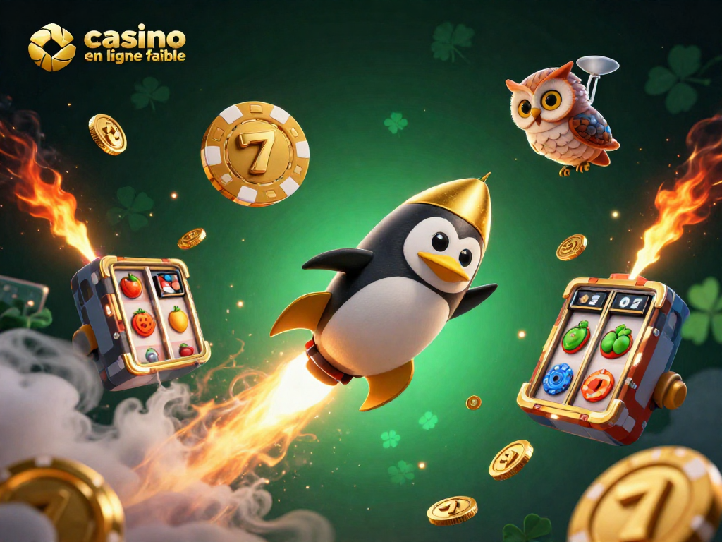 Visualisez l'univers passionnant des jeux avec ce casino en ligne fiable, symbolisé par un pingouin doré et des rouleaux de machines à sous.