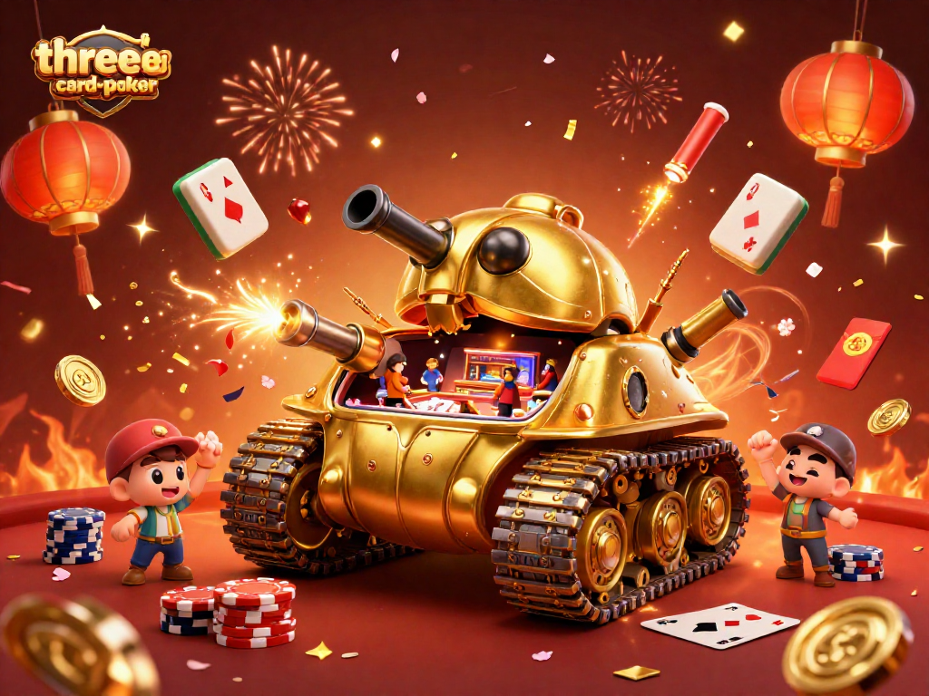 Experience thrilling three-card-poker action with vibrant casino elements and festive celebrations.