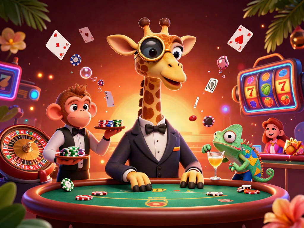 bshbet showcases a vibrant casino scene with a high-roller giraffe and engaging game elements