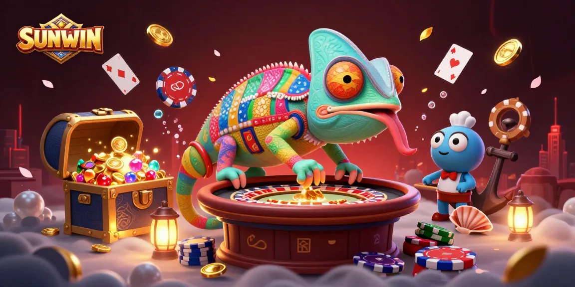 SUNWIN chameleon casino owner captures gold coins in a vibrant underwater treasure setting, highlighting rich casino elements.