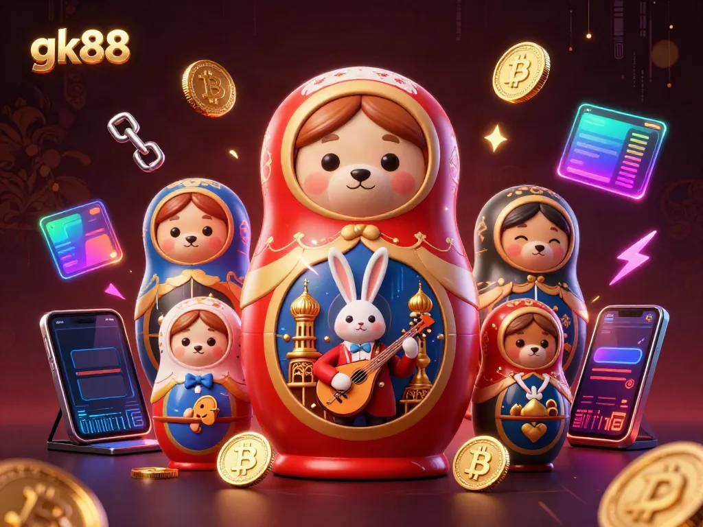 Experience winning thrills with gk88 in a dynamic casino-themed 3D illustration featuring charming characters and crypto elements.