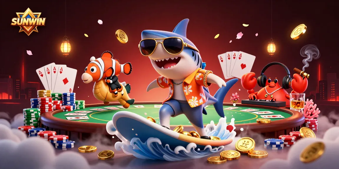 SUNWIN showcases a vibrant 3D scene with a shark surfing gold coins, surrounded by poker elements.