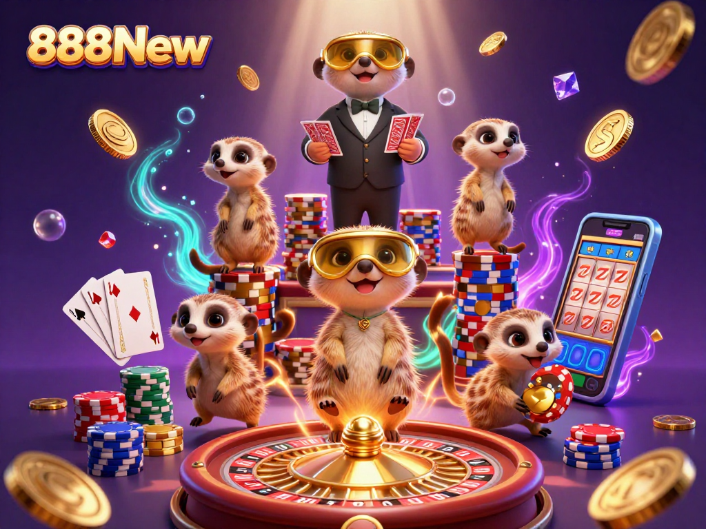 Experience the excitement at 888New with animated meerkats running a vibrant casino scene.