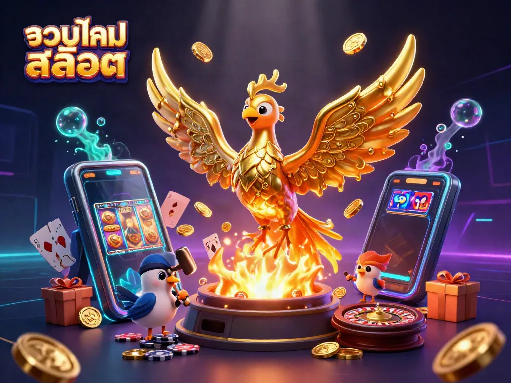 Engaging scene depicting the golden phoenix symbolizing รวมเกมสล็อต alongside vibrant slot game elements and casino paraphernalia.