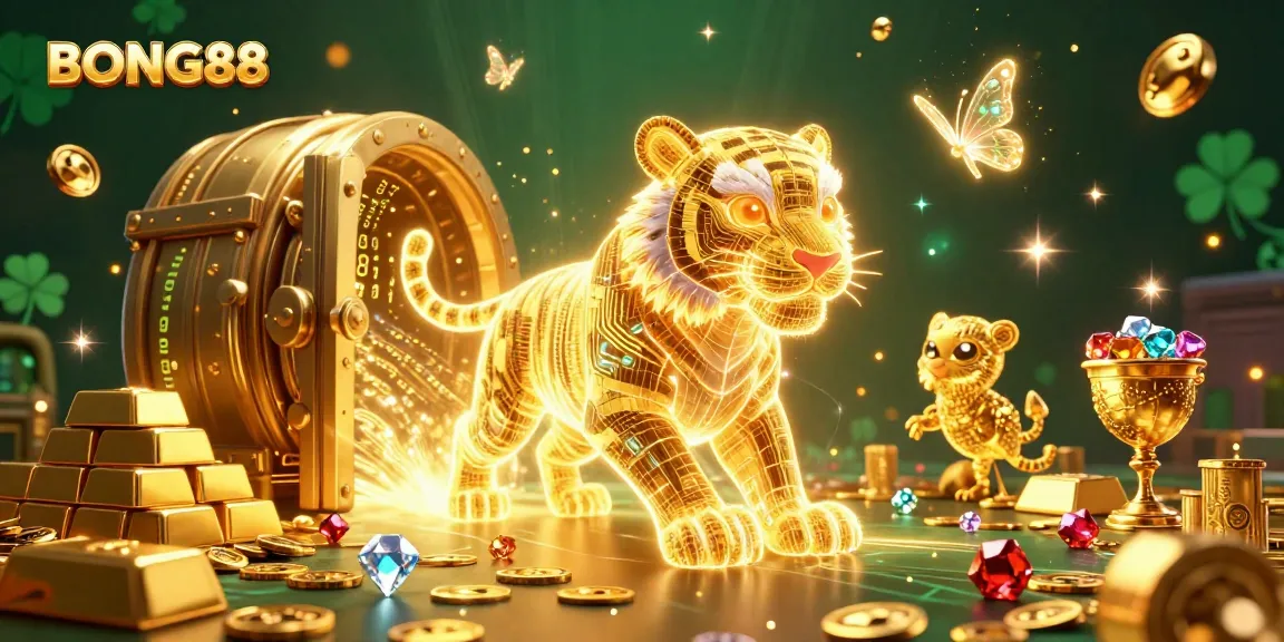BONG88 showcases a golden tiger amidst a thriving casino landscape filled with treasures and digital magic.
