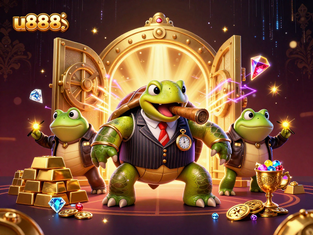 Experience the thrill at u8888 with the snapping turtle in a mobster suit amidst treasures.