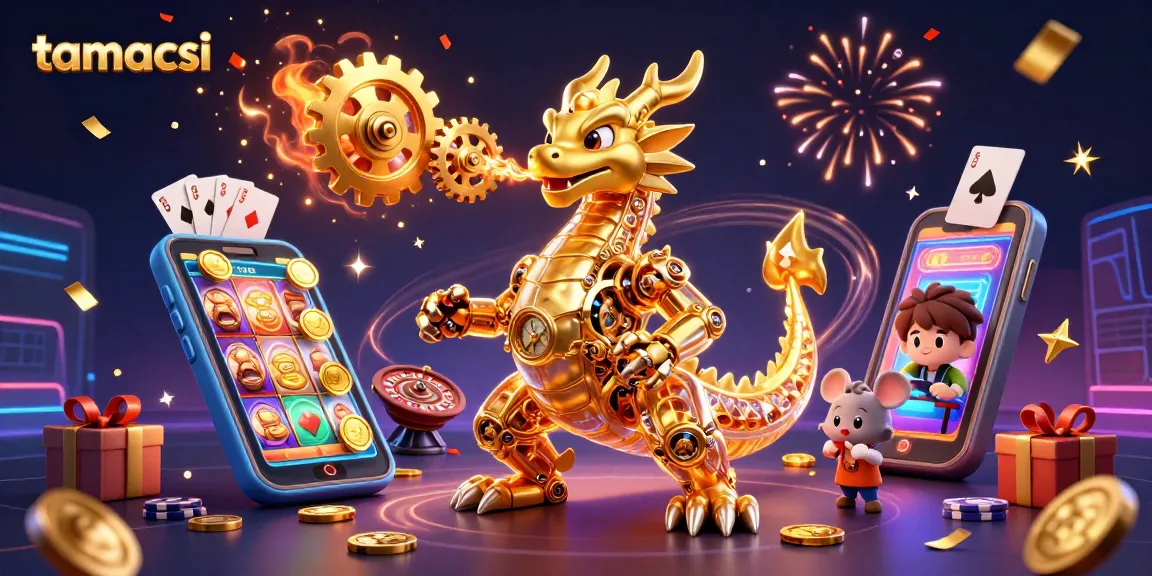 Engage with tamacsi's thrilling 3D gaming scene showcasing a golden dragon amidst vibrant online gambling elements