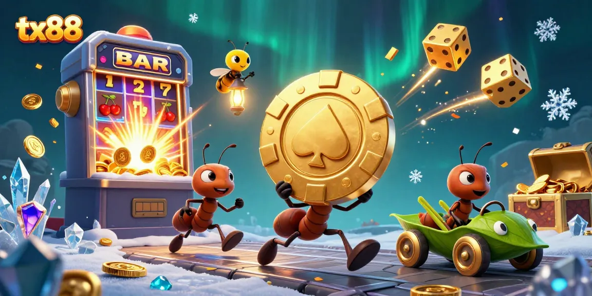 Experience thrilling action with tx88 as ants pull off a heist carrying a giant poker chip surrounded by casino chaos.
