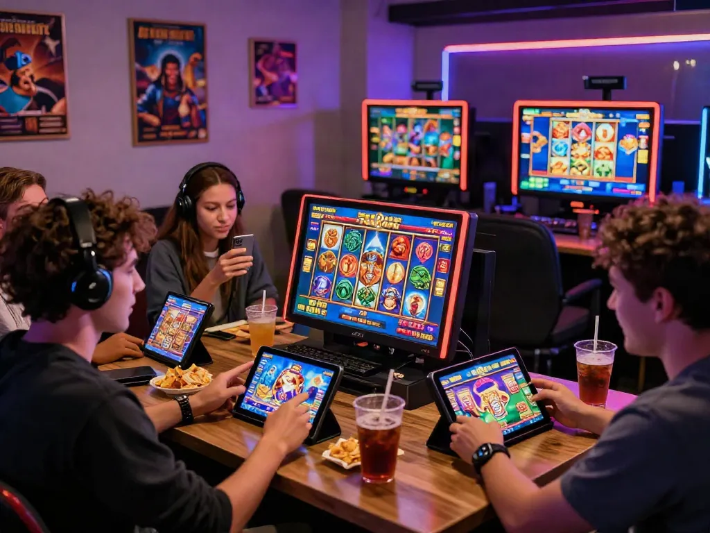 Exciting online slot gaming atmosphere featuring players engaging in slot gacor maxwin on multiple devices, vibrant and colorful interface.