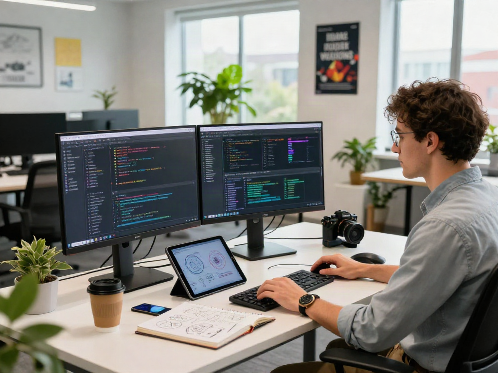 Innovative software engineer workspace with crushon branding, showcasing coding and tech collaboration.