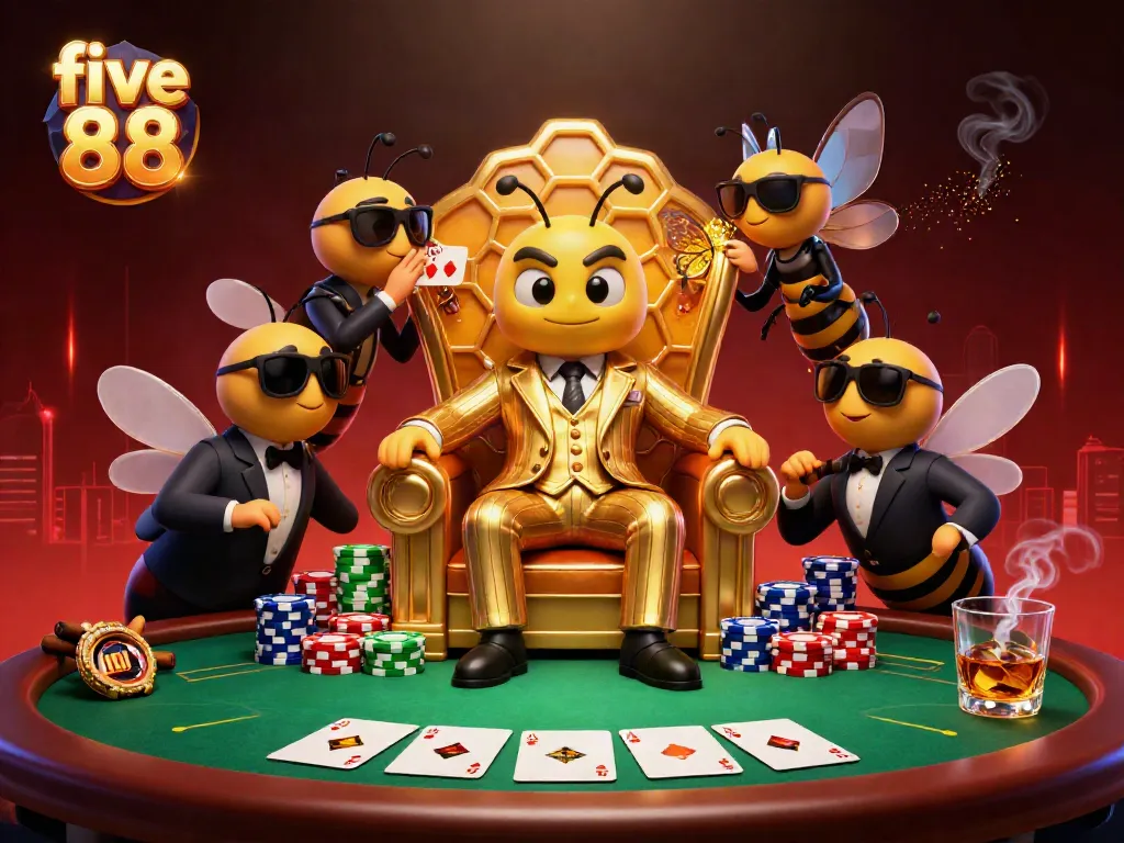 Experience the excitement of five 88 with a vibrant casino scene featuring cartoon characters and poker elements.