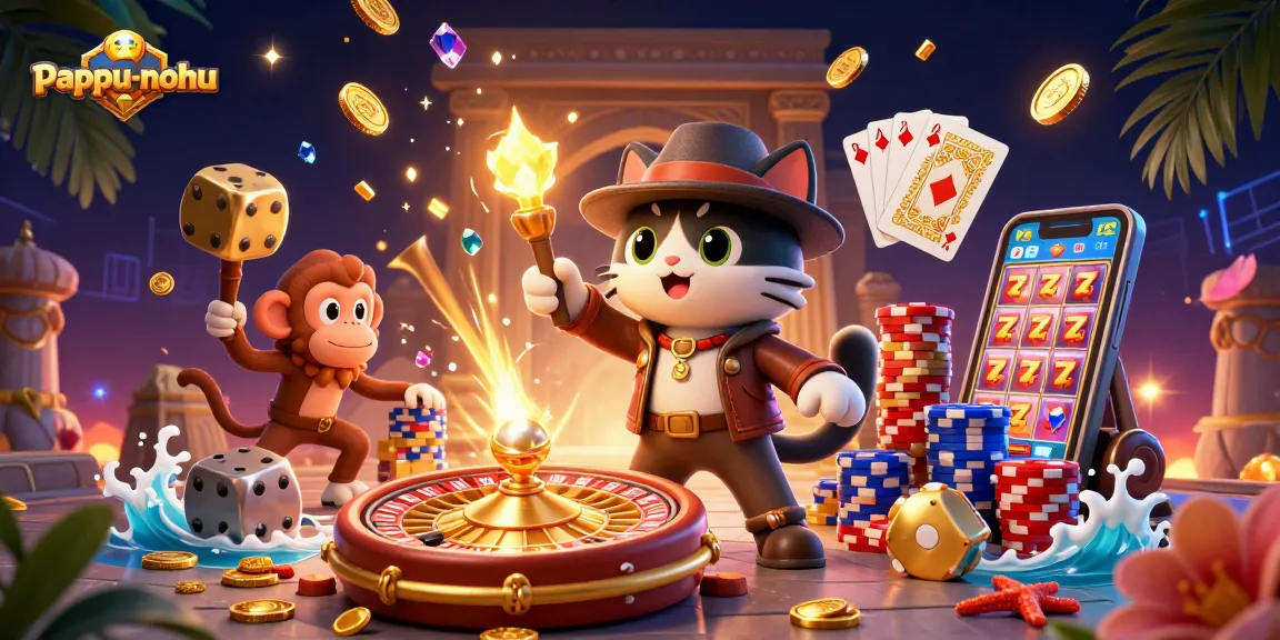 Pappu-nohu players treasure hunt in a vibrant casino scene with gold coins and cards.