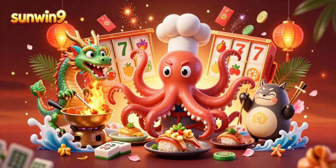 Engage with exciting sunwin9 casino gameplay featuring a lively octopus chef, dragon, and tanuki.