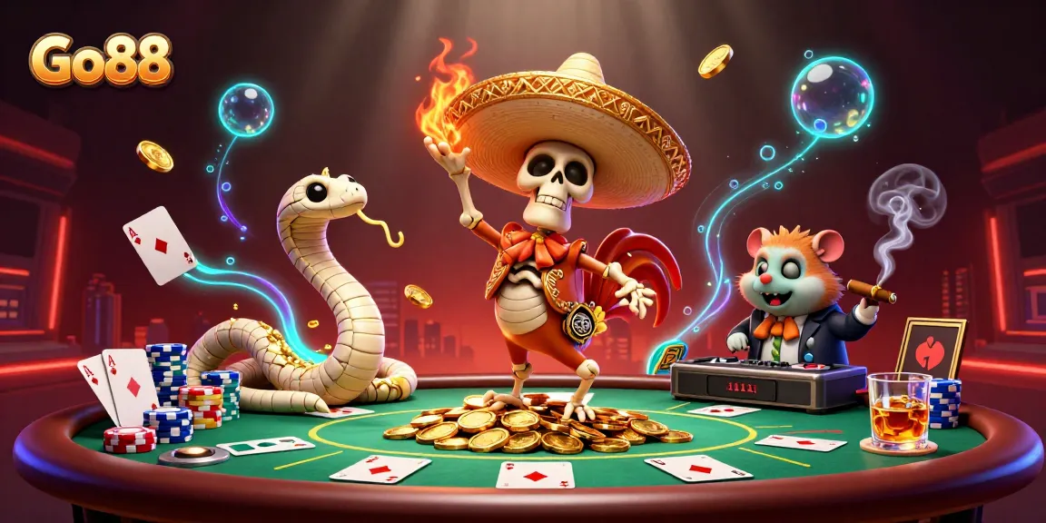 Engage with Go88 in an exciting casino-themed victory dance scene featuring vibrant characters and dynamic elements.