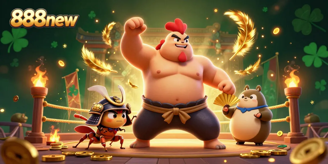 Experience thrilling action at 888new with a sumo rooster and samurai cricket in a dynamic casino scene.