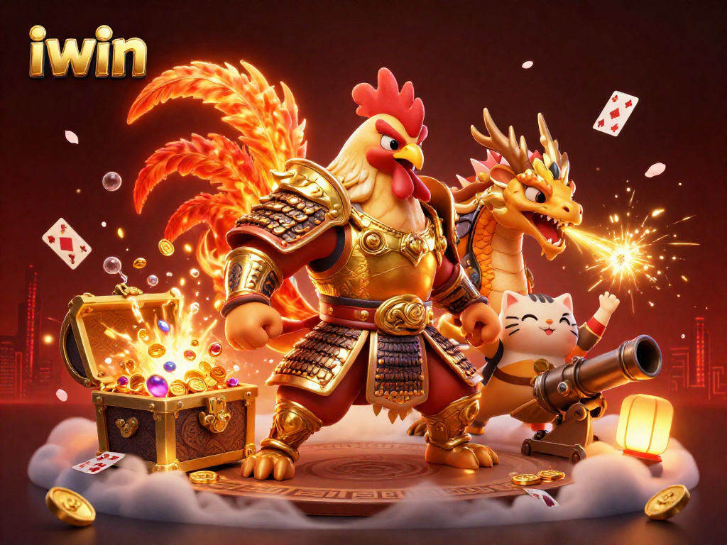 Experience thrilling action with the iwin fighting rooster and dragon in an exciting casino scene.