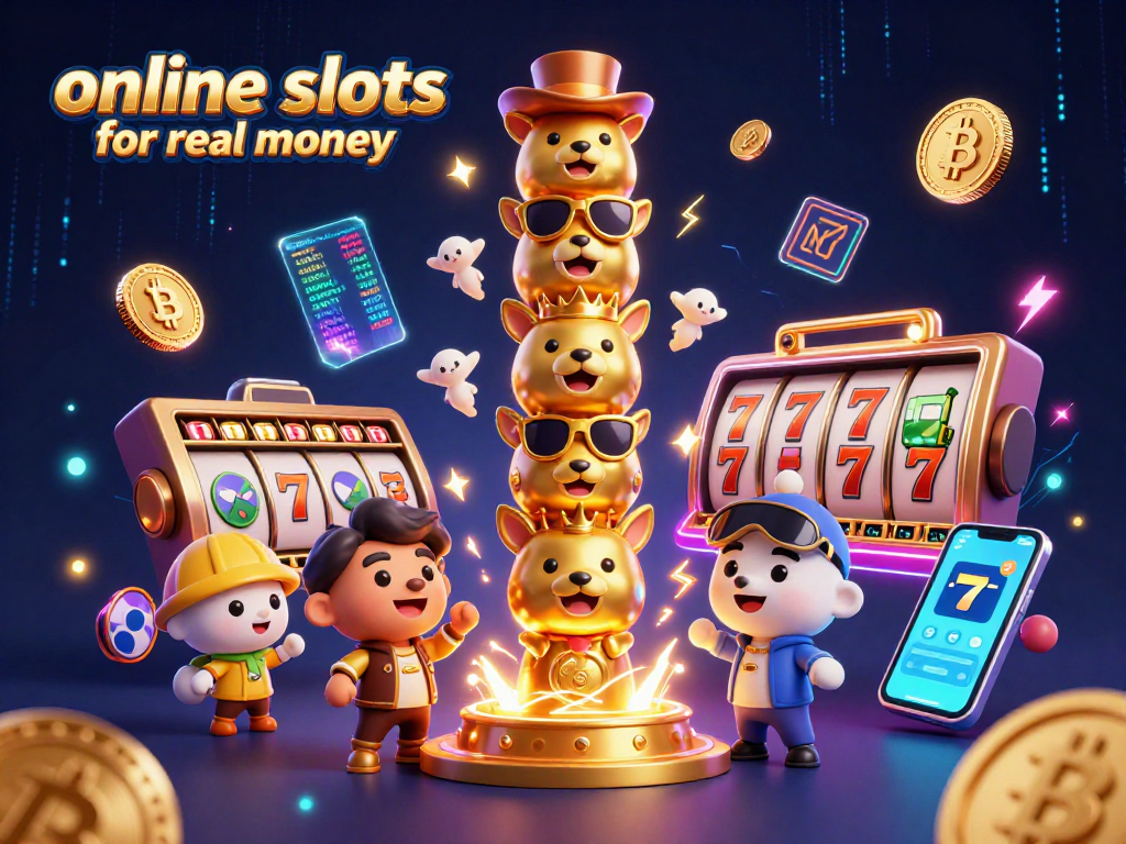 Spin online slots for real money with vibrant 3D illustration of crypto-themed totem and dynamic elements.