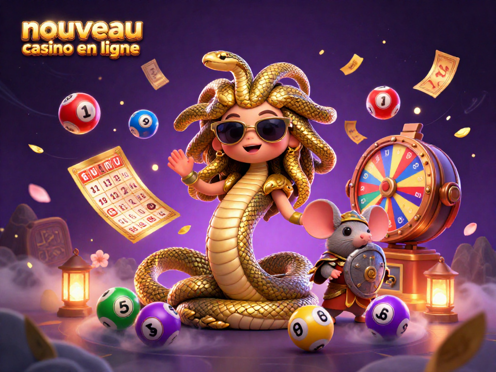 Illustration dynamique pour nouveau casino en ligne avec Méduse et éléments de loterie.