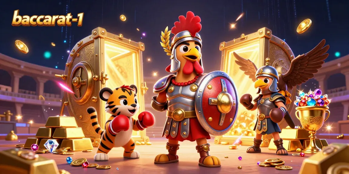 Engage in the exhilarating baccarat-1 online game with a vivid 3D illustration of characters amid treasures.