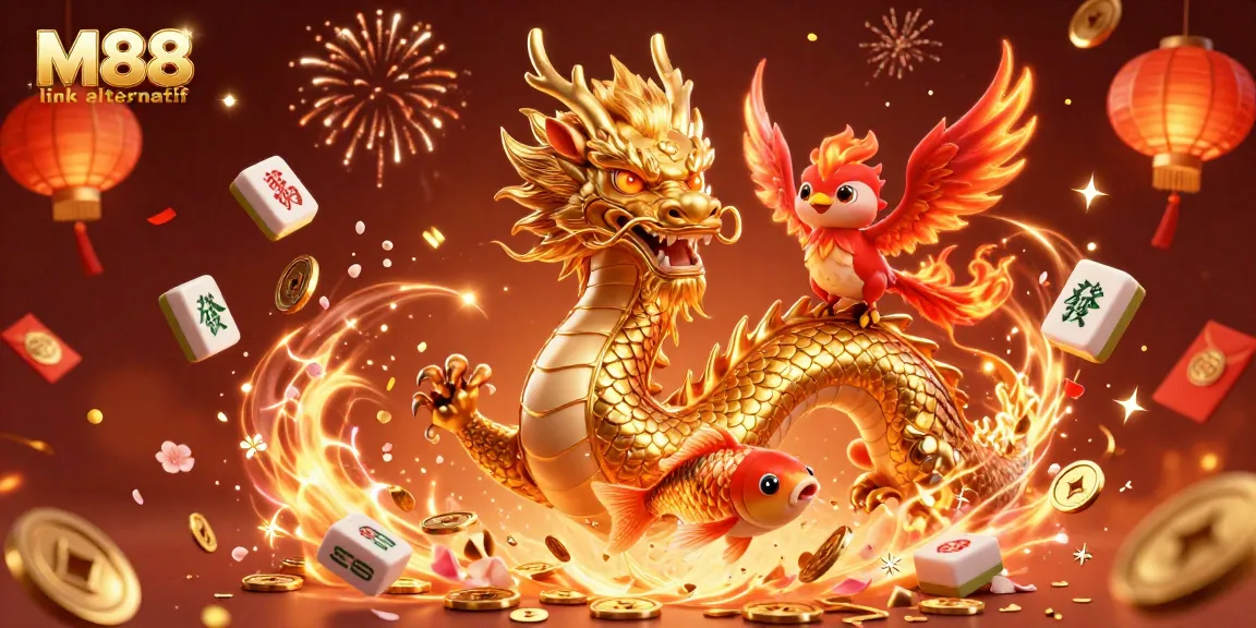 Bet on M88 link alternatif with a vibrant scene featuring a golden dragon, phoenix, and koi fish.