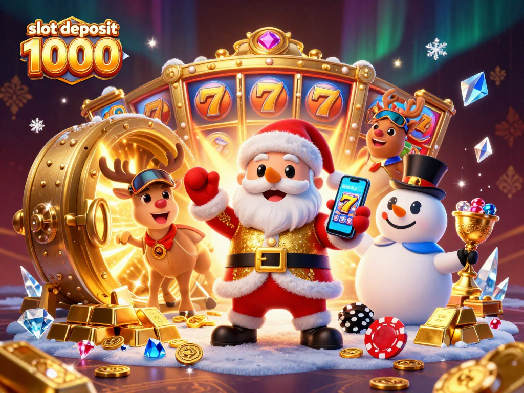 Experience thrilling slot deposit 1000 action with Santa and friends in a dazzling casino scene.